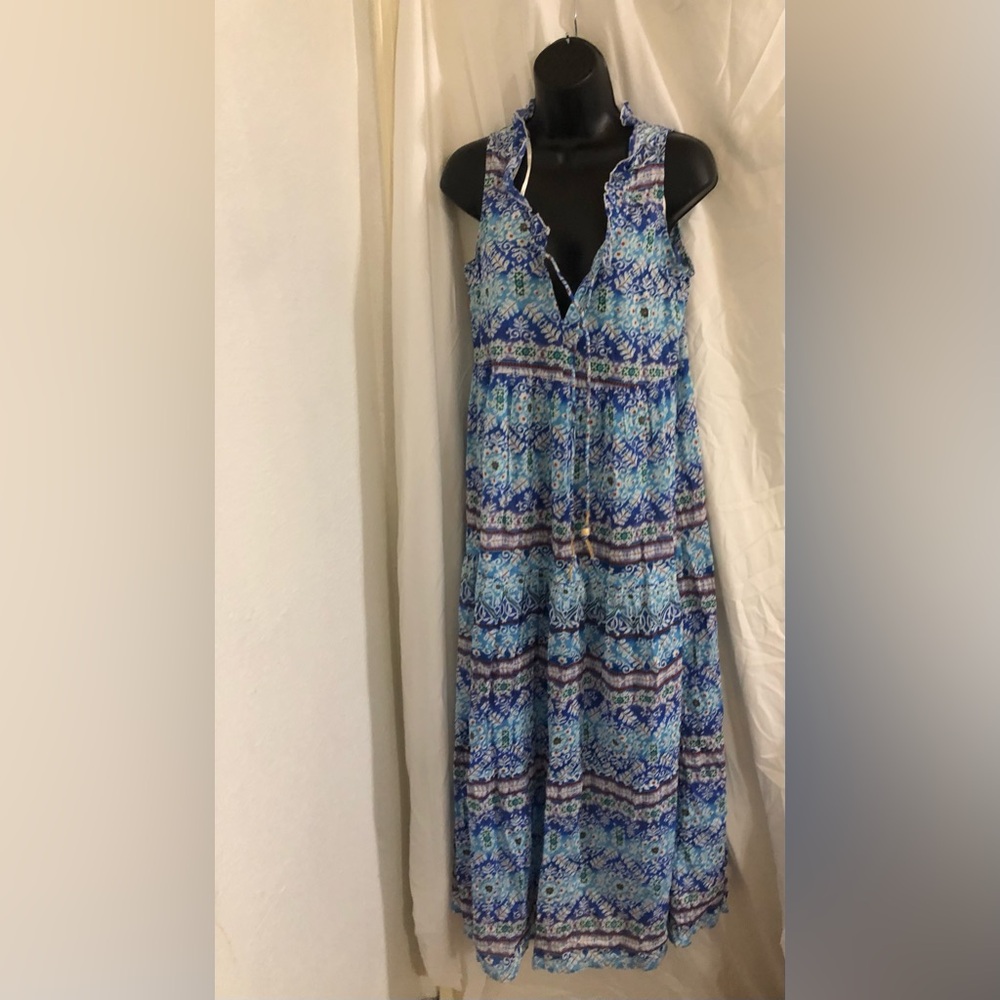 True Destinations blue multi ruffled collar tiered coverup maxi dress size XS‎